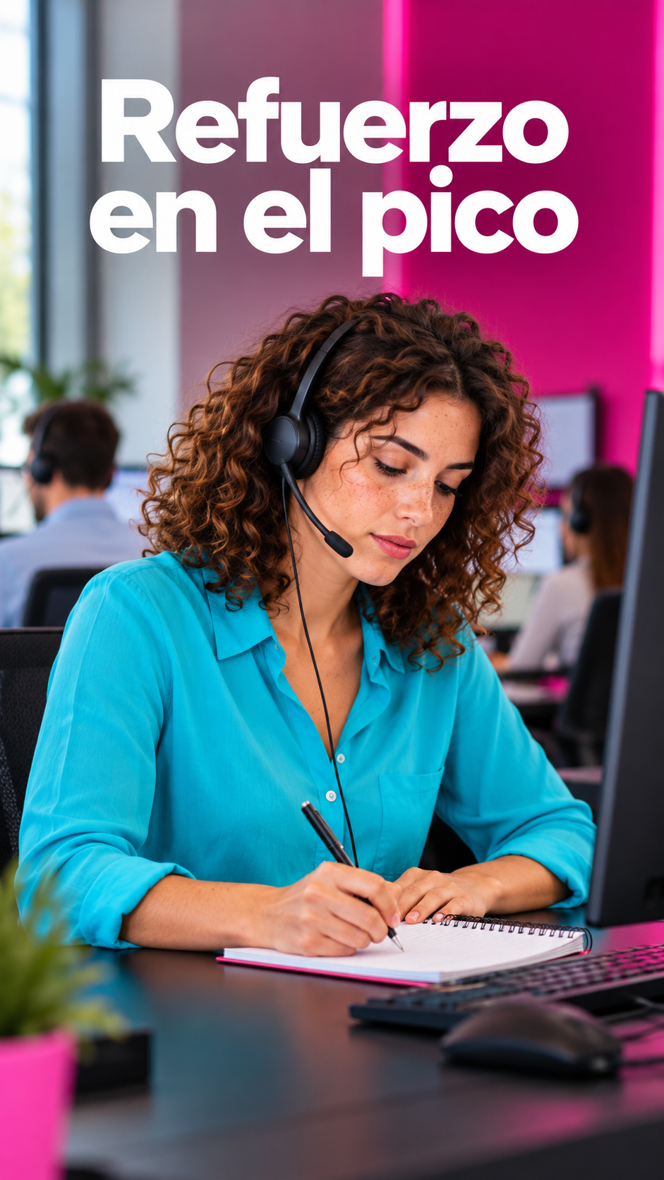 Operadora del call center atendiendo una llamada y anotando la solicitud